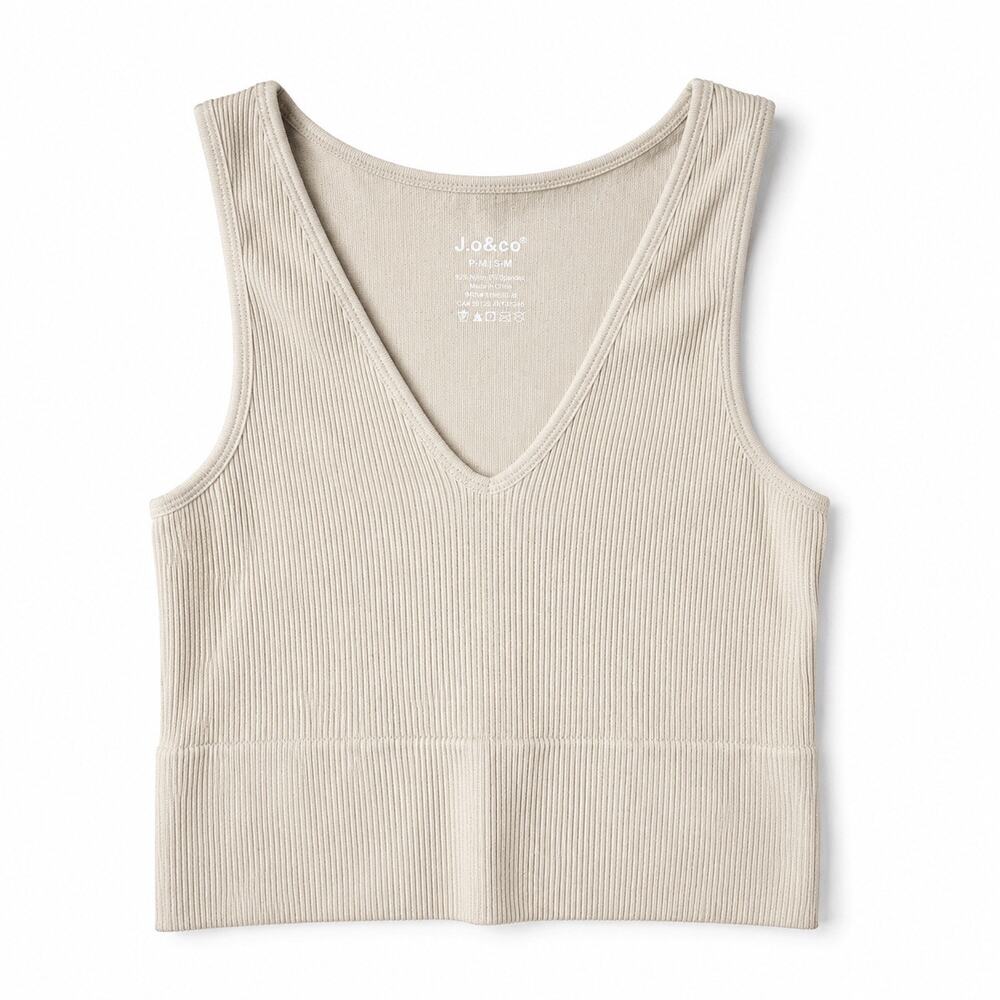 J. & Co Cream Ribbed V-Neck Seamless Knit Tank Top S/M